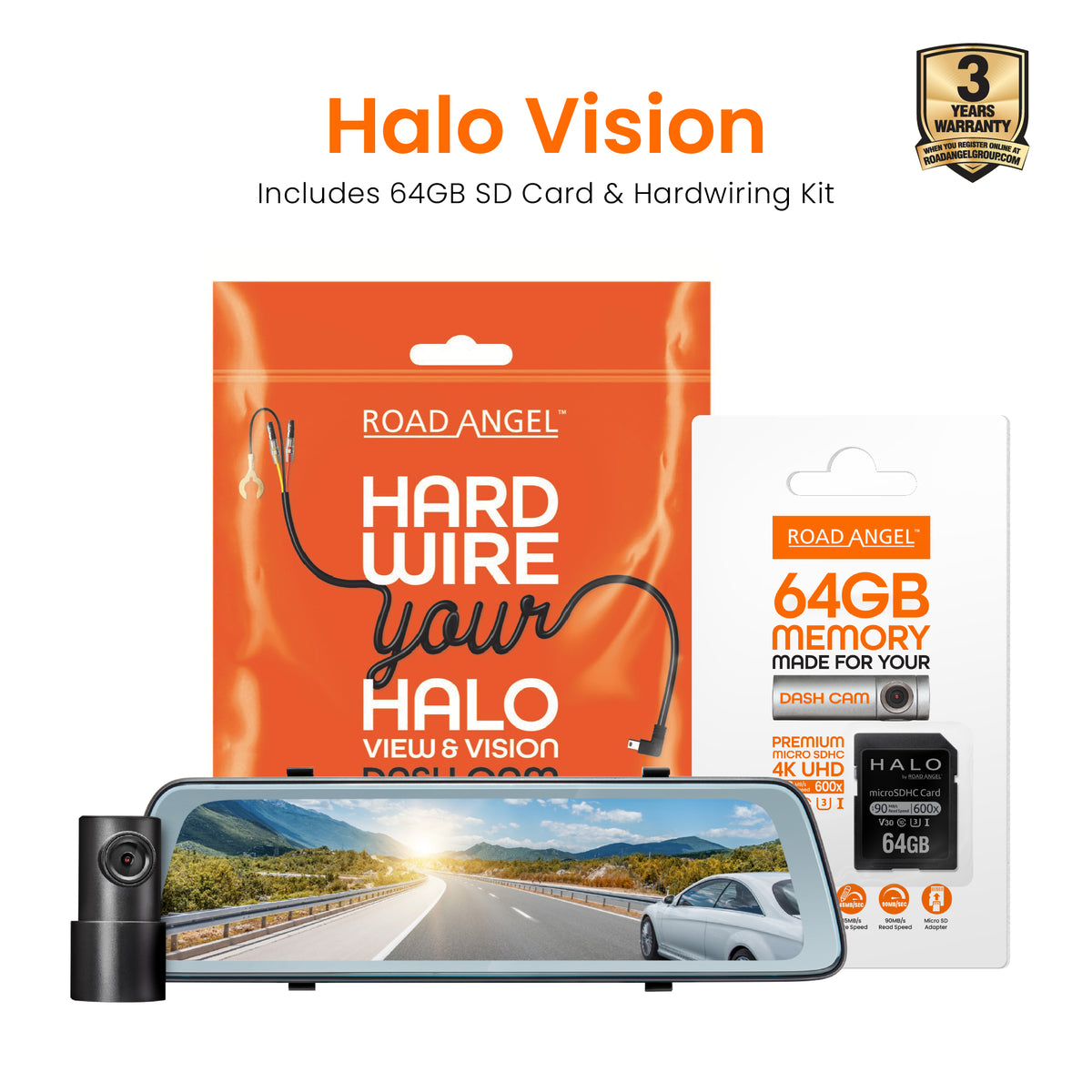 Road Angel Halo Vision Rear View Mirror and Dash Cam with 64GB SD Card & Hardwiring Kit Bundle