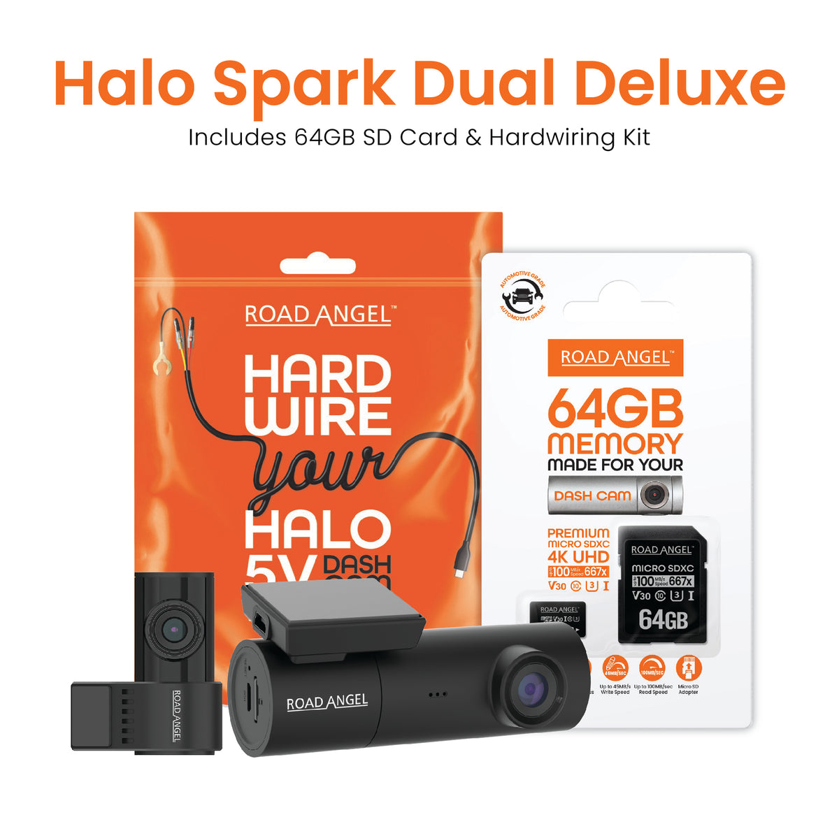 New - Halo Spark Dual Full HD 1080p Front & Rear Dash Camera With Dual Parking Mode & Winter Mode (USB-C) With 64GB SD Card & Hardwiring Kit Bundle