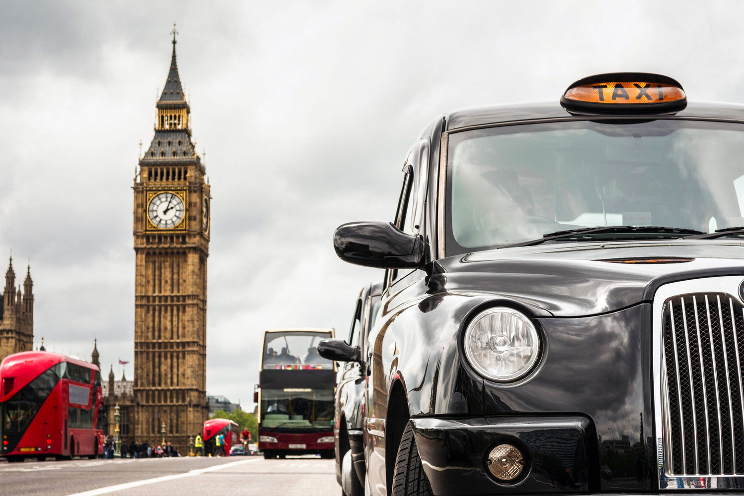 A London taxi cab on Tower Bridge