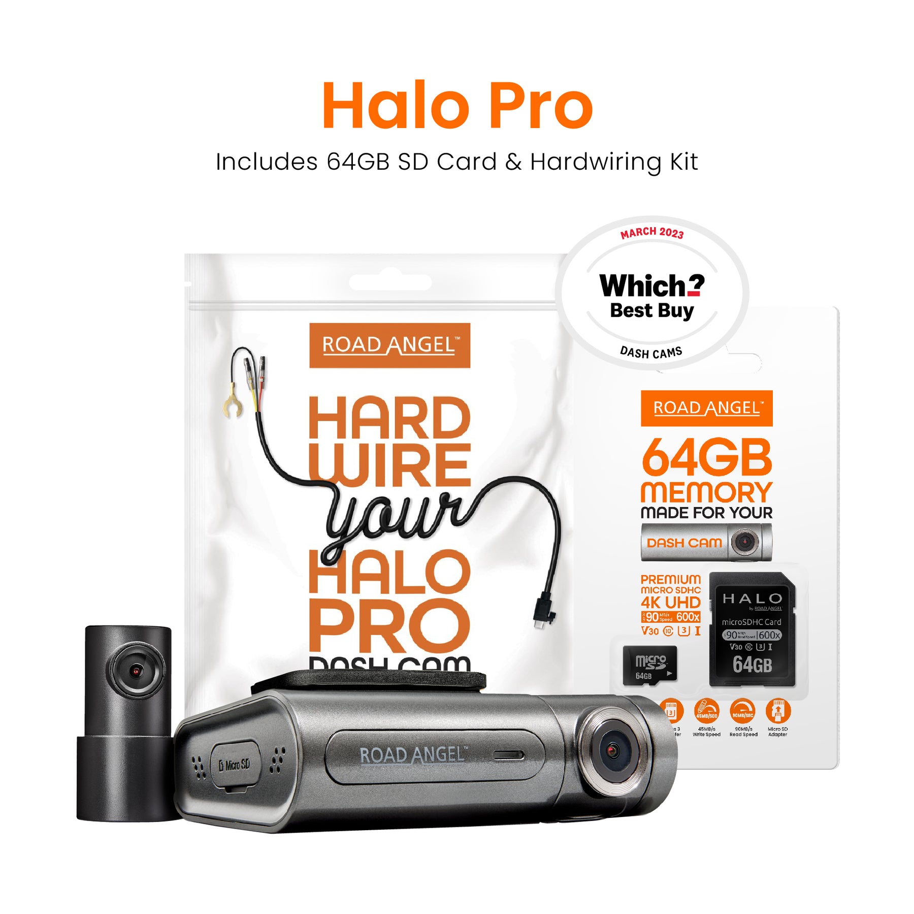 Road Angel Halo Pro Front and Rear Dash Cam with 64GB SD Card & Hardwiring Kit Bundle