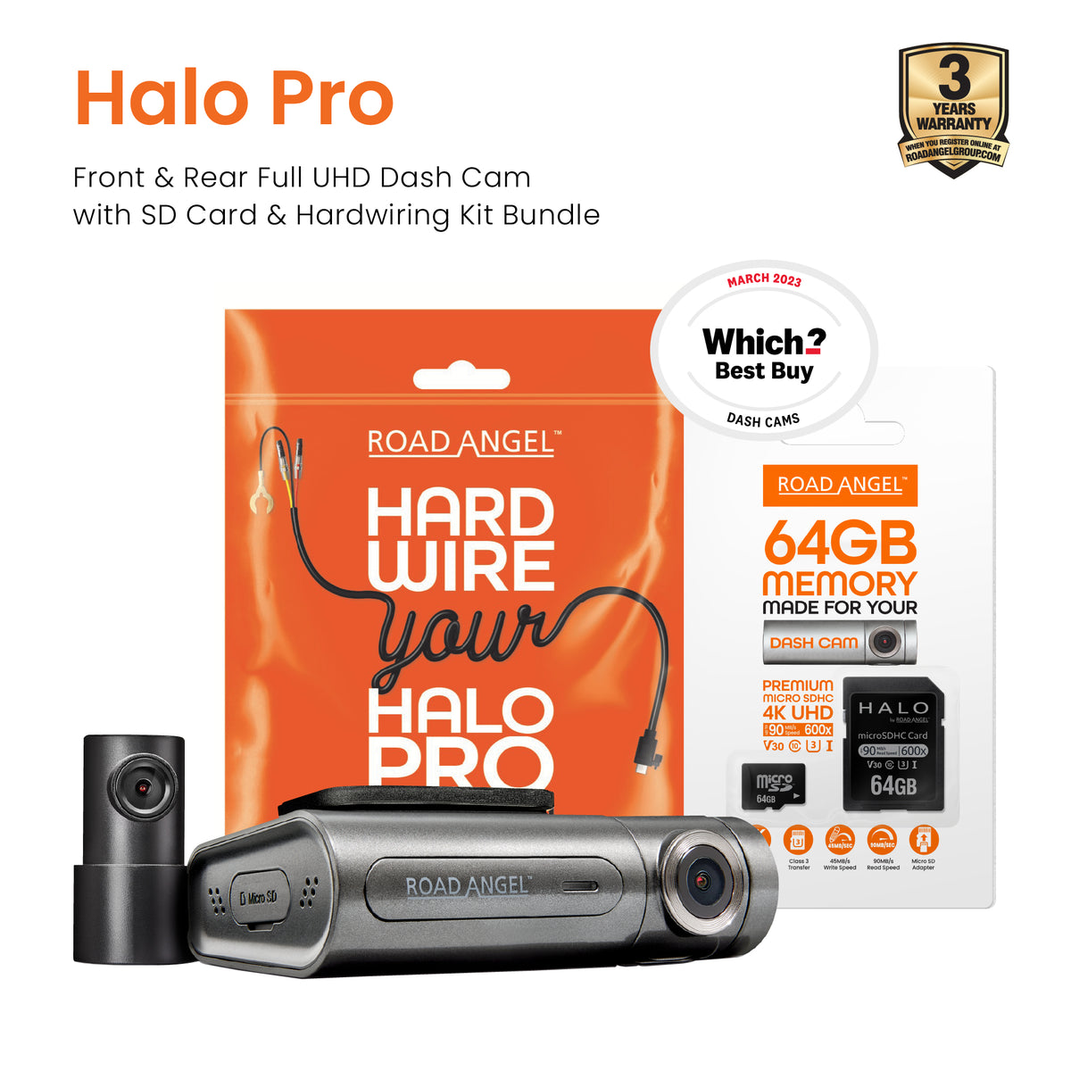 Road Angel Halo Pro Front and Rear Dash Cam with 64GB SD Card & Hardwiring Kit Bundle