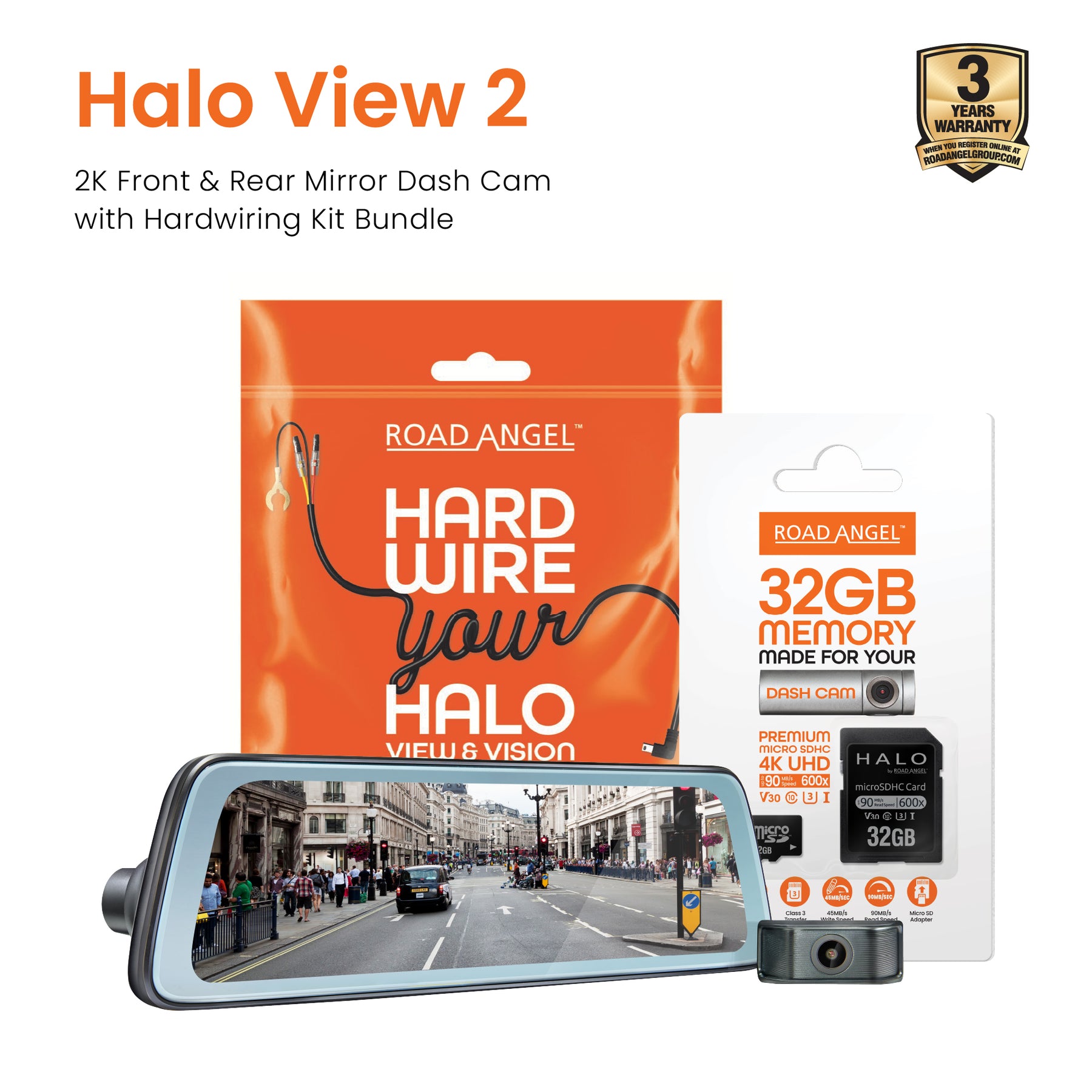 NEW - Road Angel Halo View 2 Rear View Mirror and Dash Cam with 32GB SD Card & Hardwiring Kit Bundle