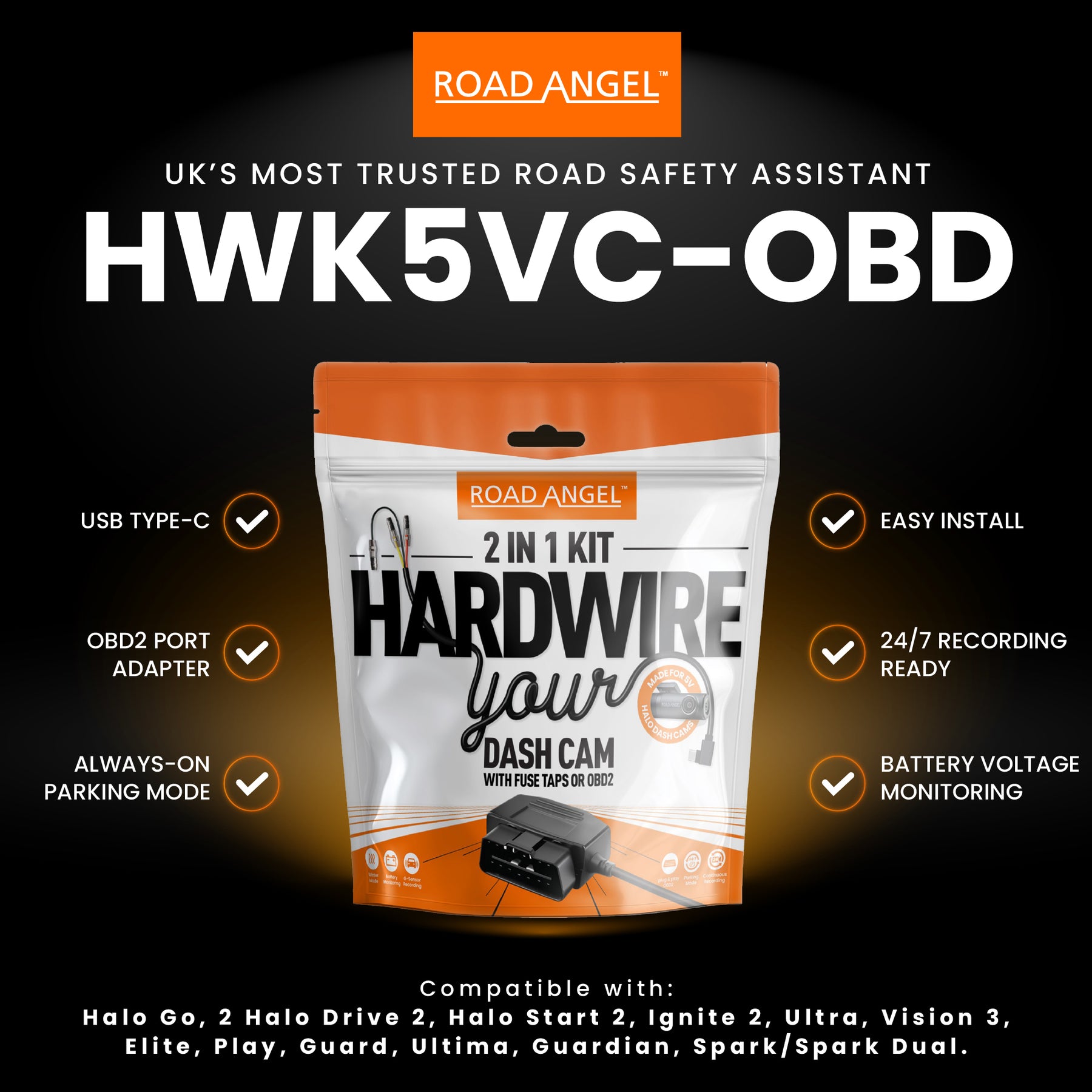 NEW - HWK5VC-OBD Road Angel Halo Dash Cam 5V 2-in-1 Hardwire Kit- USB Type-C, Fuse Taps & OBD 2