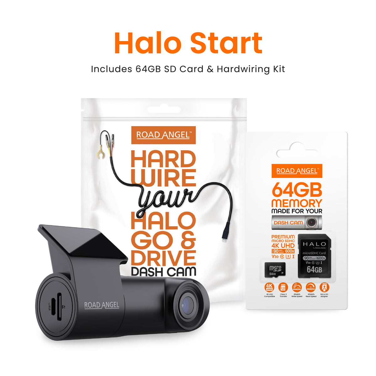 NEW - Road Angel Halo Start 1080p Full HD Compact Dash Cam With Quick Release Mount with 64GB SD Card & Hardwiring Kit Bundle